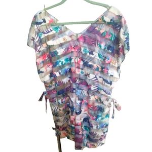 Sheer Womans Blue Rose Blouse Aztec Cover up Bird Print Flower Tunic Tie OS